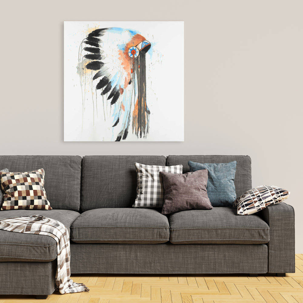 Indian War Bonnet Canvas | Ethnic Blue Home Decor Artwork