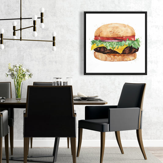 Toile de cuisine marron | Décor encadré « Cheeseburger à l'aquarelle »