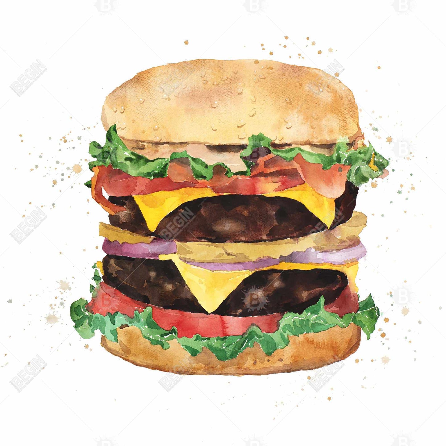 Watercolor Cheeseburger Canvas | Kitchen Decor Brown Frame