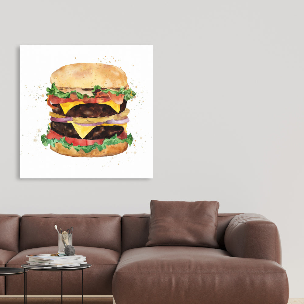 Watercolor Cheeseburger Canvas - Brown Food Art for Home Decor
