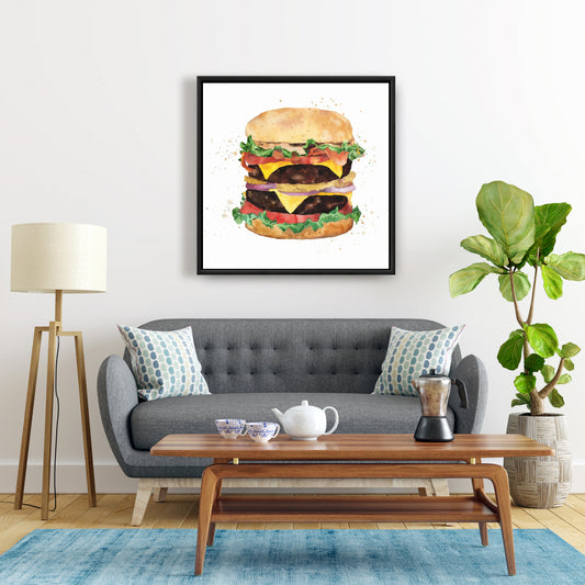 Watercolor Cheeseburger Canvas | Kitchen Decor Brown Frame