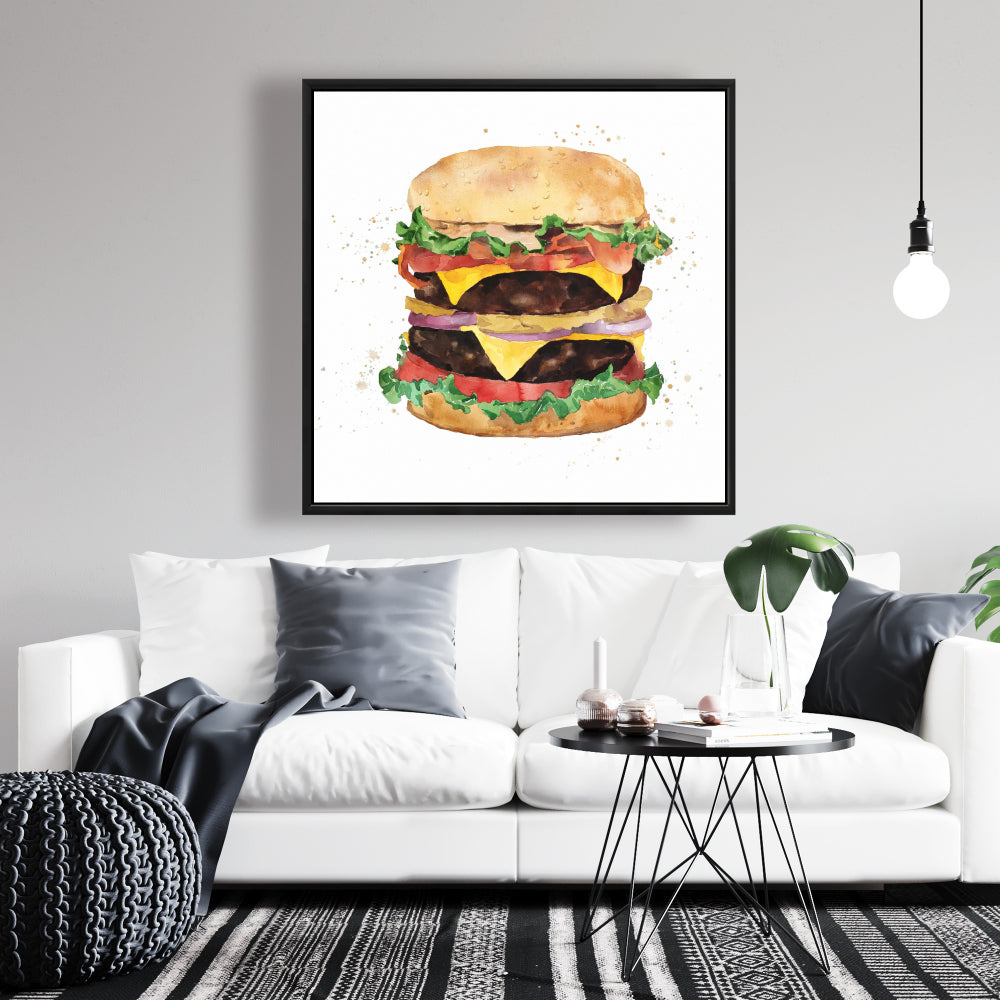 Watercolor Cheeseburger Canvas | Kitchen Decor Brown Frame