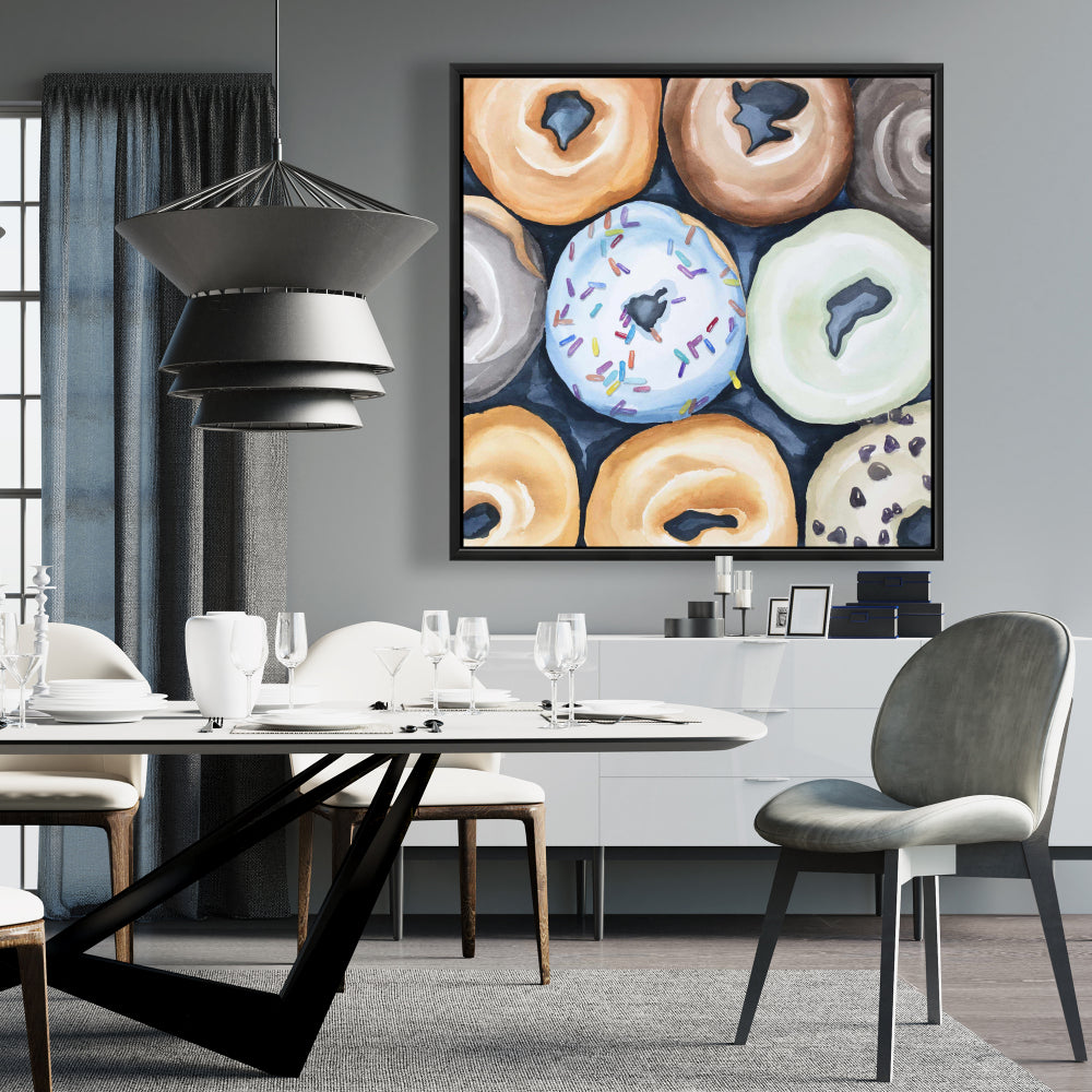 Watercolor Doughnuts Canvas | Blue Bedroom Decor | Framed Art