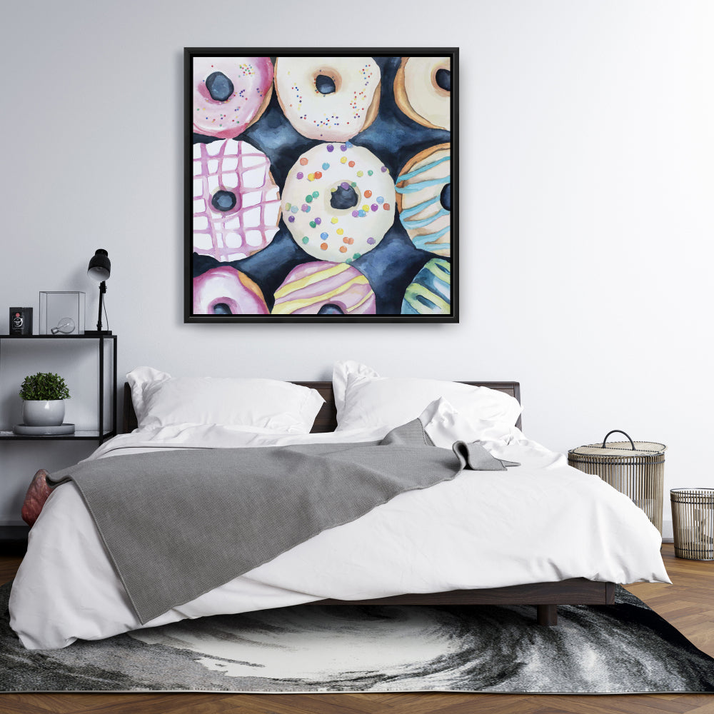 Watercolor Doughnuts Canvas | Blue Framed | Home Decor Art