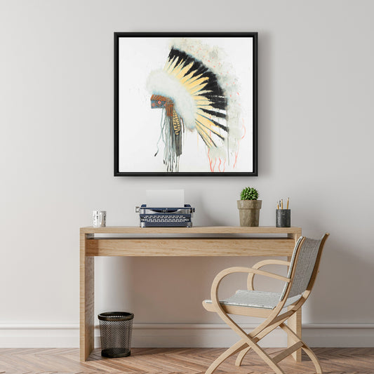 Toile avec coiffe amérindienne | Cadre jaune pour salon