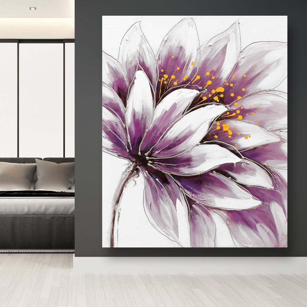 Gray Botanical Bedroom Canvas - Purple Flower Wall Art Decor