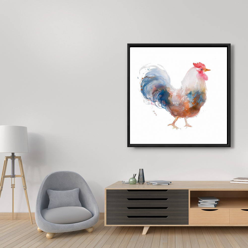 Toile aquarelle représentant un coq | Décoration de cuisine animalière encadrée