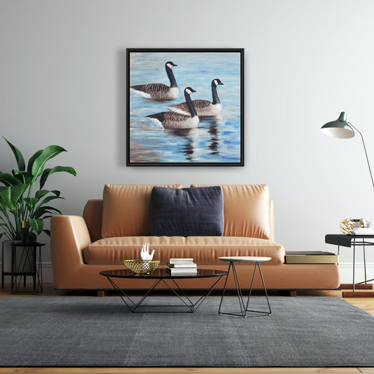 Toile encadrée « Oies du Canada dans l'eau » | Décoration d'intérieur Blue Bird