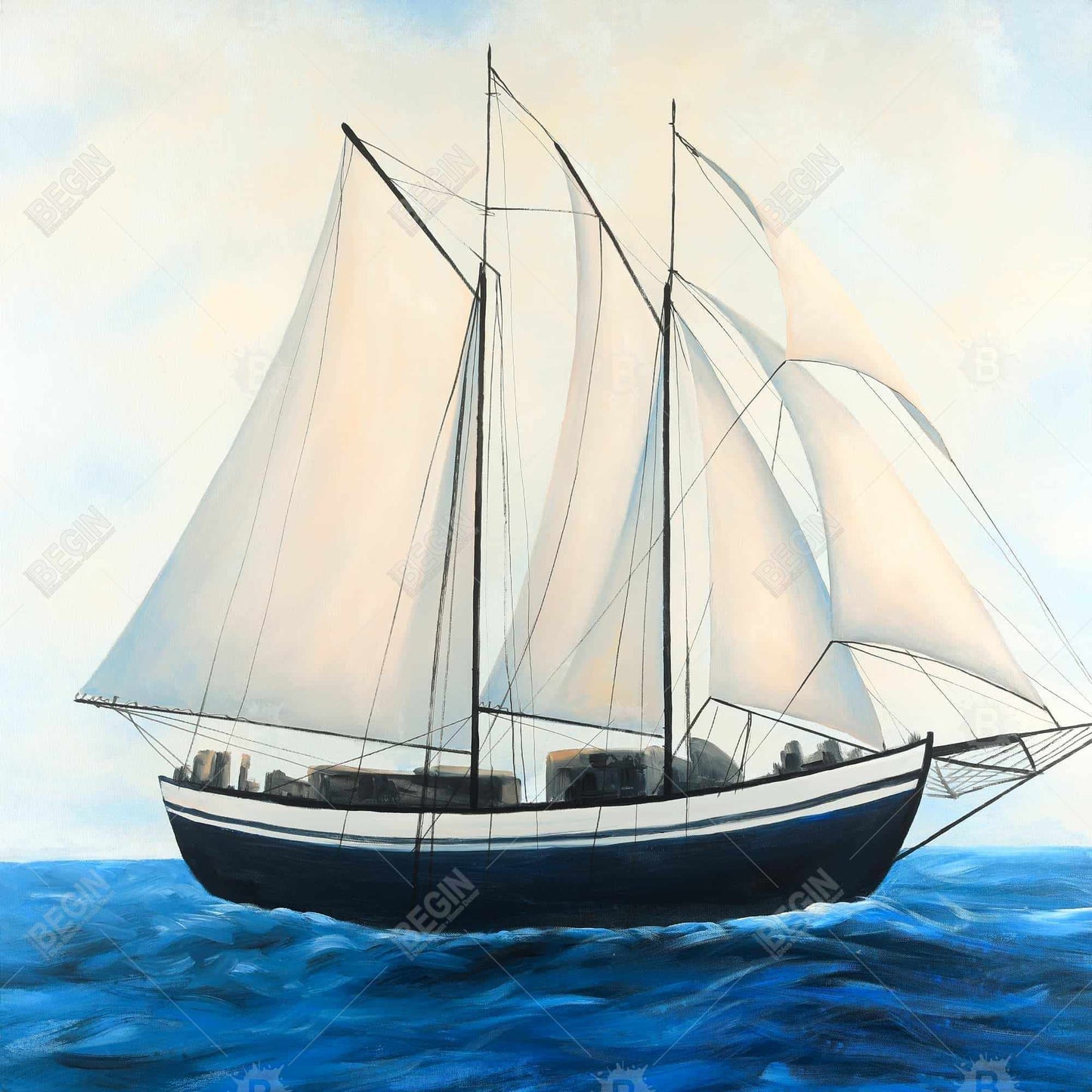 Coastal Boat Blue Framed Canvas - Sailingboat by a Sunny Day