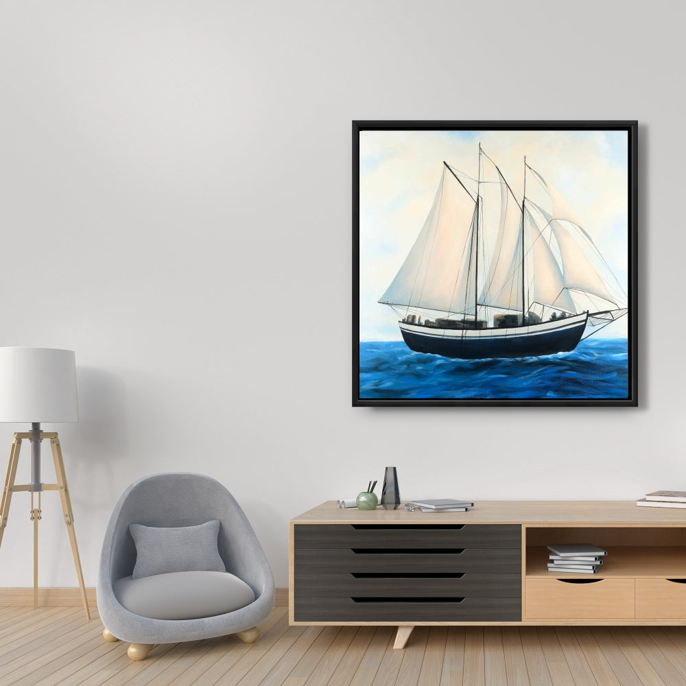 Coastal Boat Blue Framed Canvas - Sailingboat by a Sunny Day