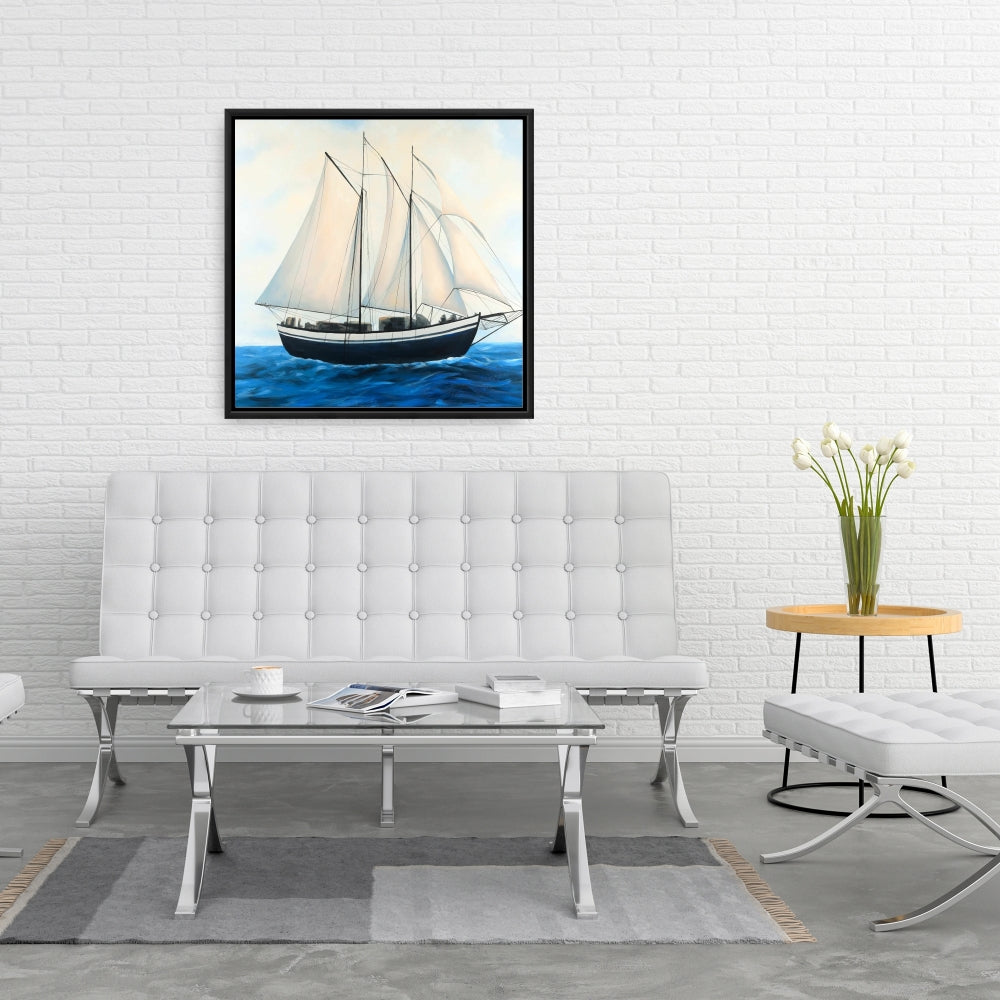 Coastal Boat Blue Framed Canvas - Sailingboat by a Sunny Day