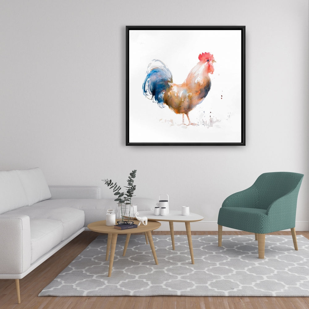Toile aquarelle Coq | Décoration animalière encadrée bleue