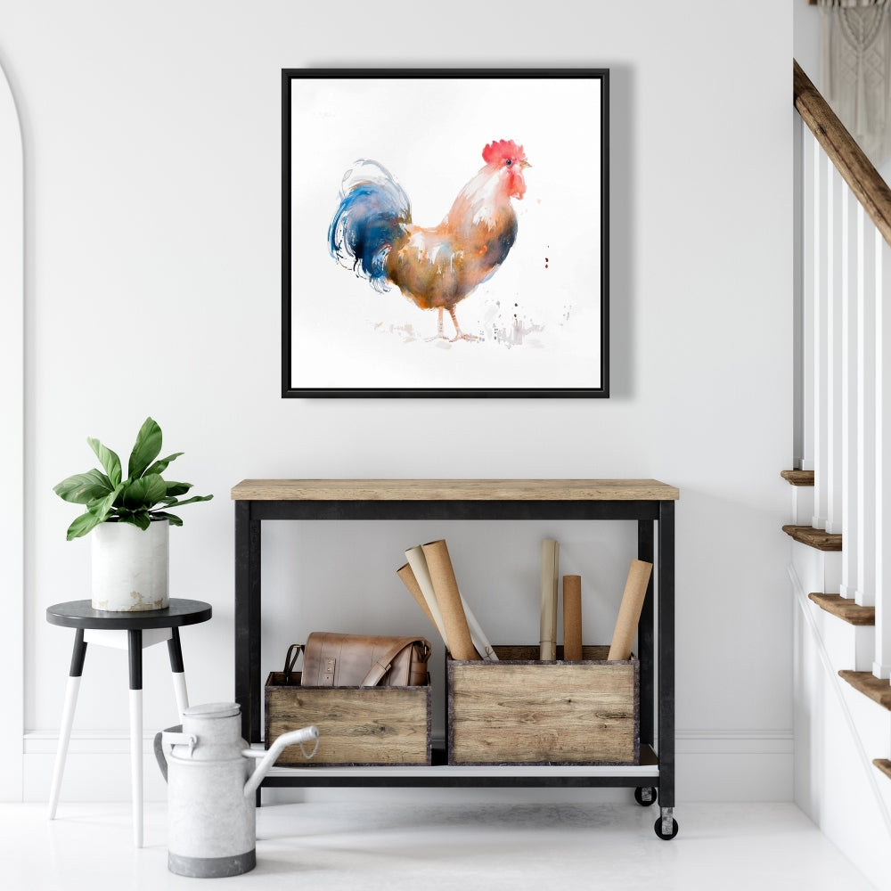 Toile aquarelle Coq | Décoration animalière encadrée bleue