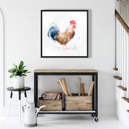 Rooster Watercolor Canvas | Blue Framed Animal Art Decor