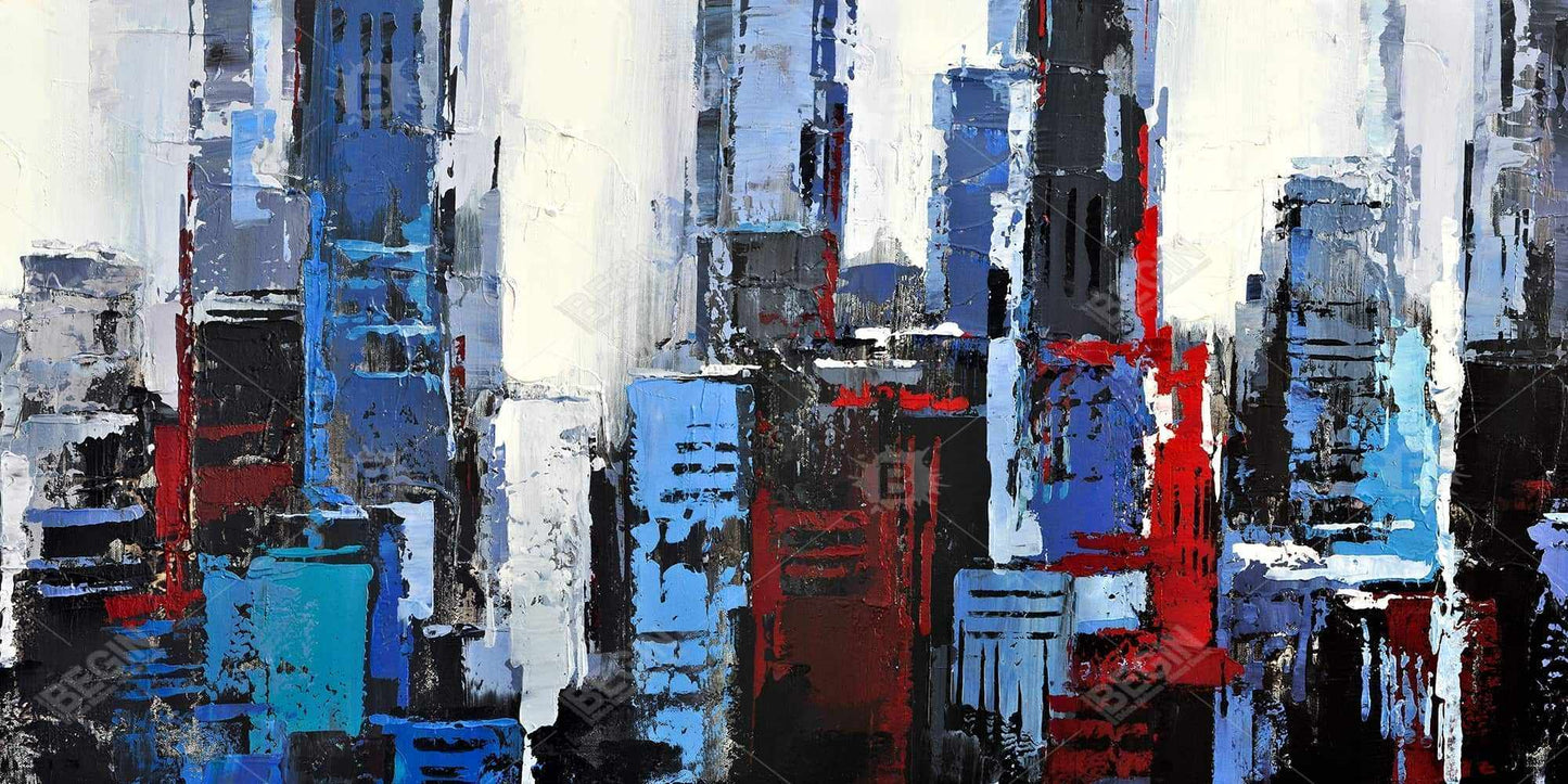 Abstract Blue City Framed Canvas | Bedroom Wall Art Decor