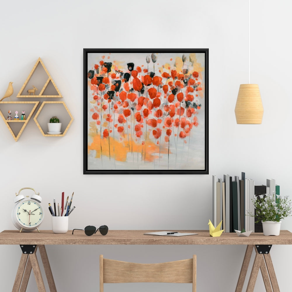 Champ de fleurs abstraites à pois rouges - Toile encadrée contemporaine