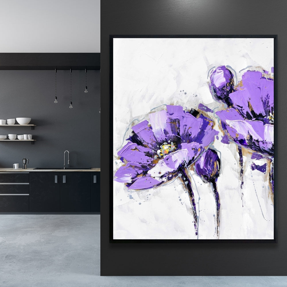 Purple Abstract Flowers Canvas | Botanical Gray Bedroom Decor