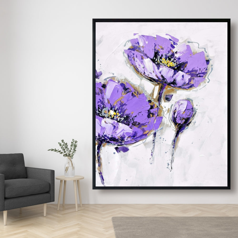 Purple Anemones Canvas | Gray Framed Art for Home Decor