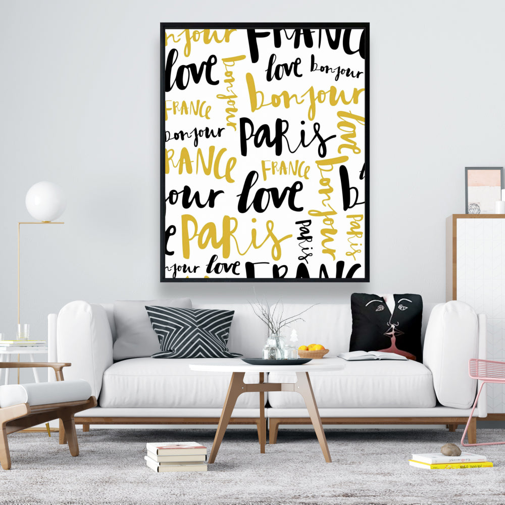Yellow Bonjour Paris Framed Canvas | Typo & Symbols Home Decor