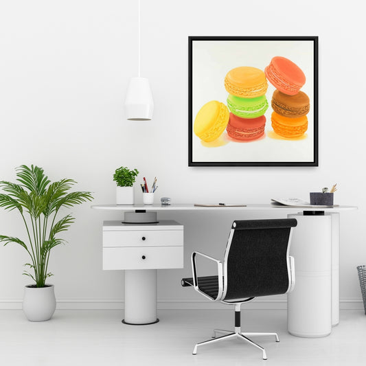 Toile « Délicieux macarons » | Décoration murale avec cadre jaune