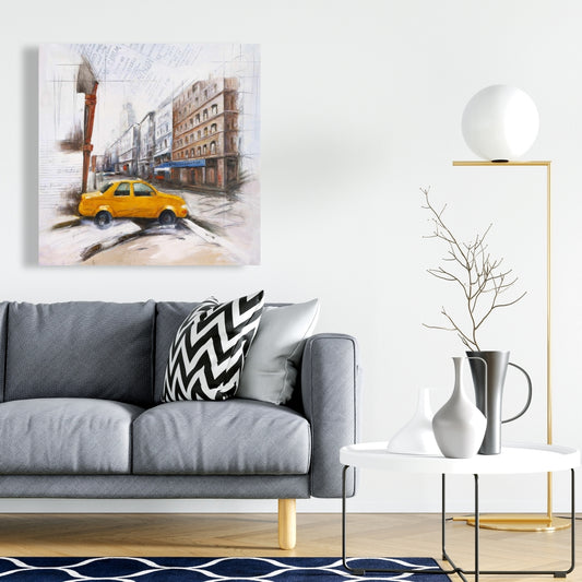 Taxi in the Street Sketch - Industrial Cities Brown Canvas Decor