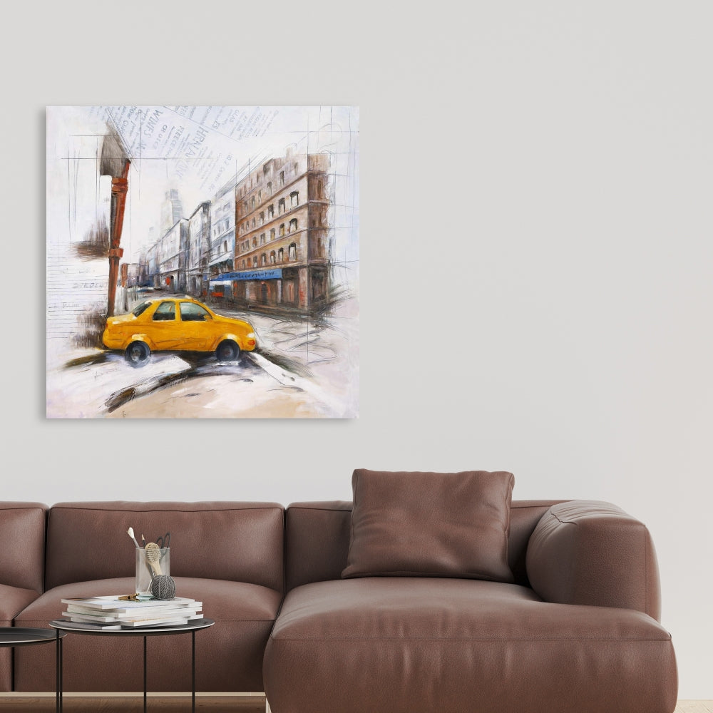 Taxi in the Street Sketch - Industrial Cities Brown Canvas Decor