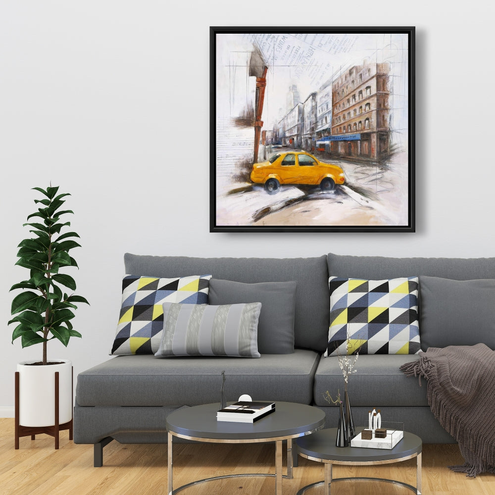 Taxi in the Street Sketch Canvas | Industrial Bedroom Decor