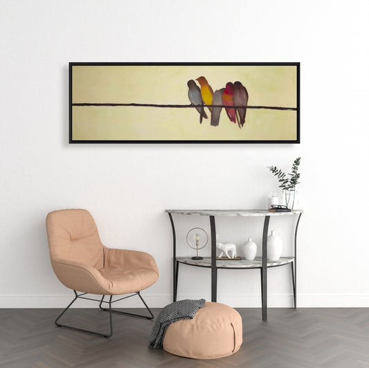 Cinq oiseaux sur une branche | Toile contemporaine pour décoration de chambre