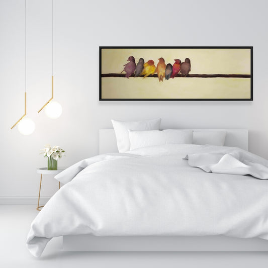 Toile encadrée jaune contemporaine représentant une famille d'oiseaux | Décoration d'intérieur