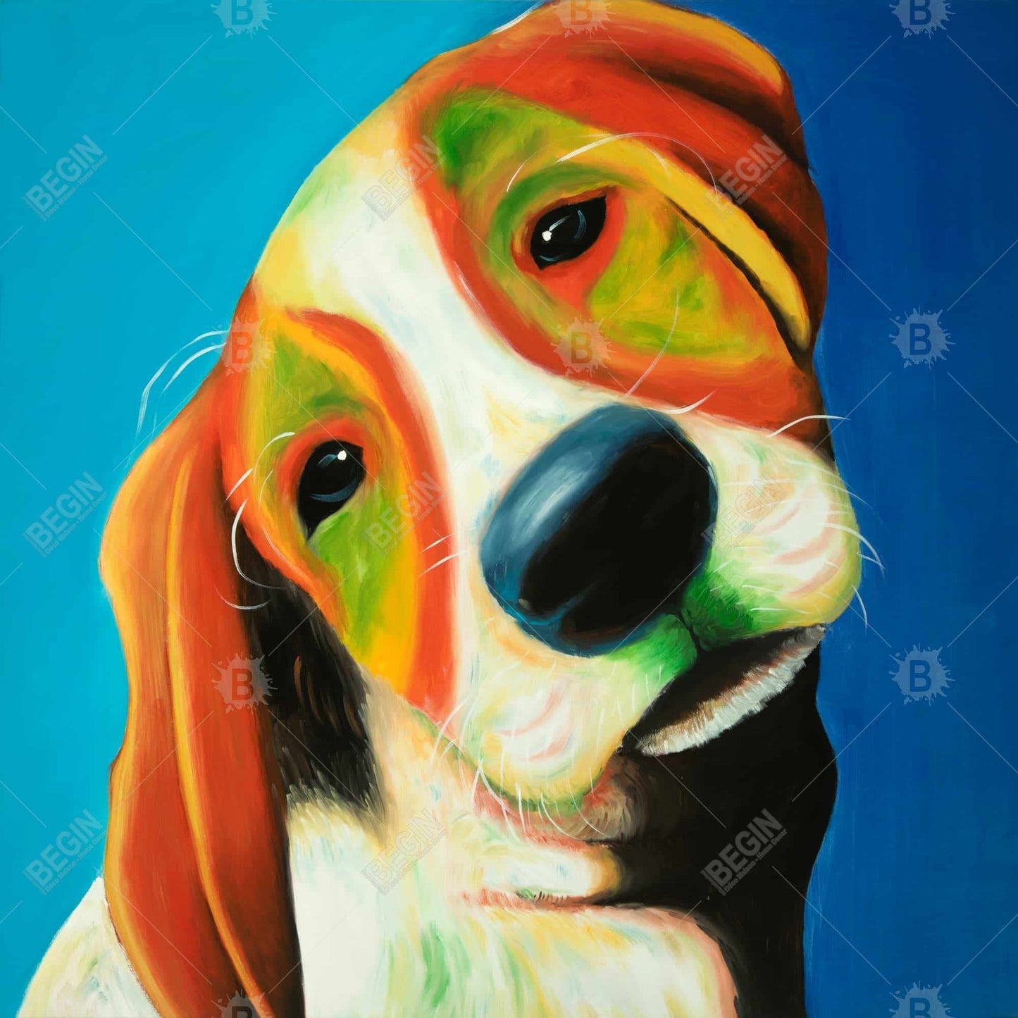 Colorful Beagle Dog Blue Framed Canvas | Home Decor Art