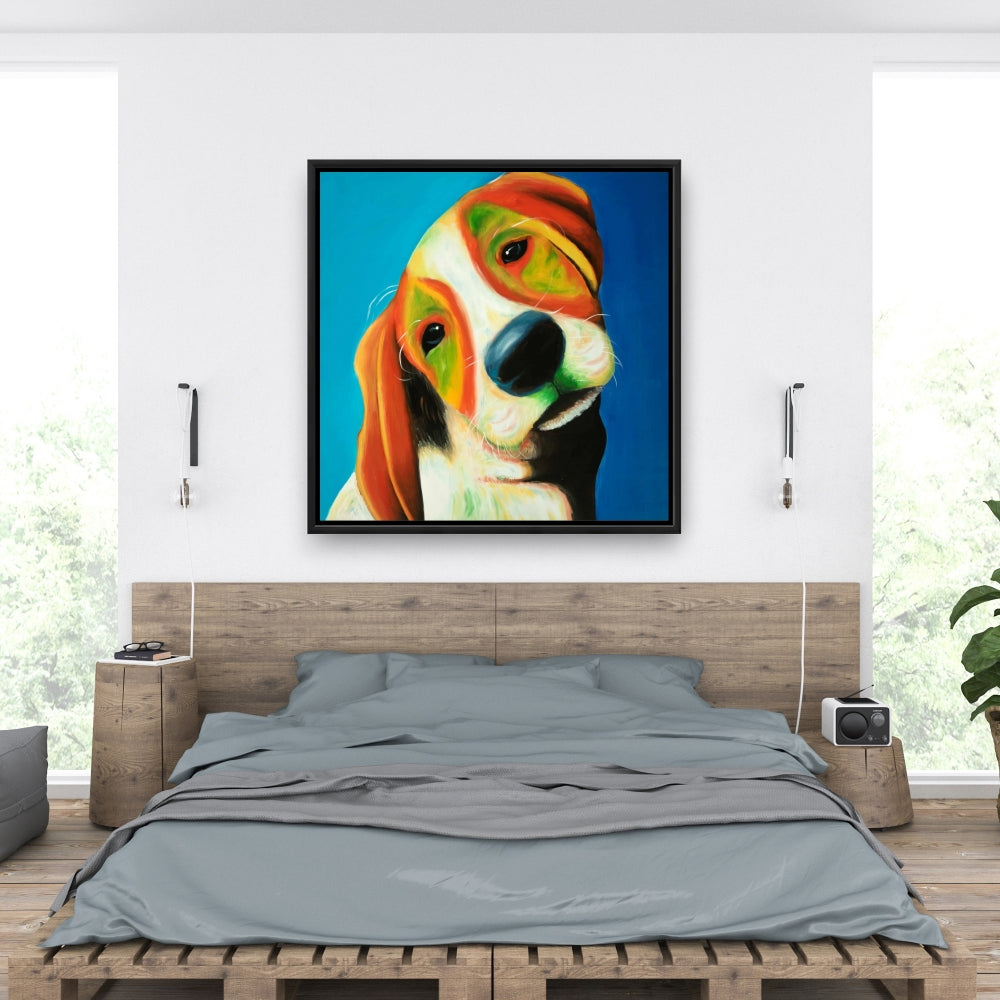 Colorful Beagle Dog Blue Framed Canvas | Home Decor Art