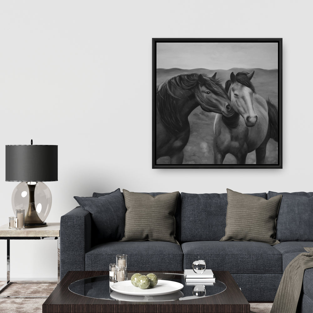 Toile encadrée « Tenderness » monochrome avec animaux de la ferme | Décoration d'intérieur