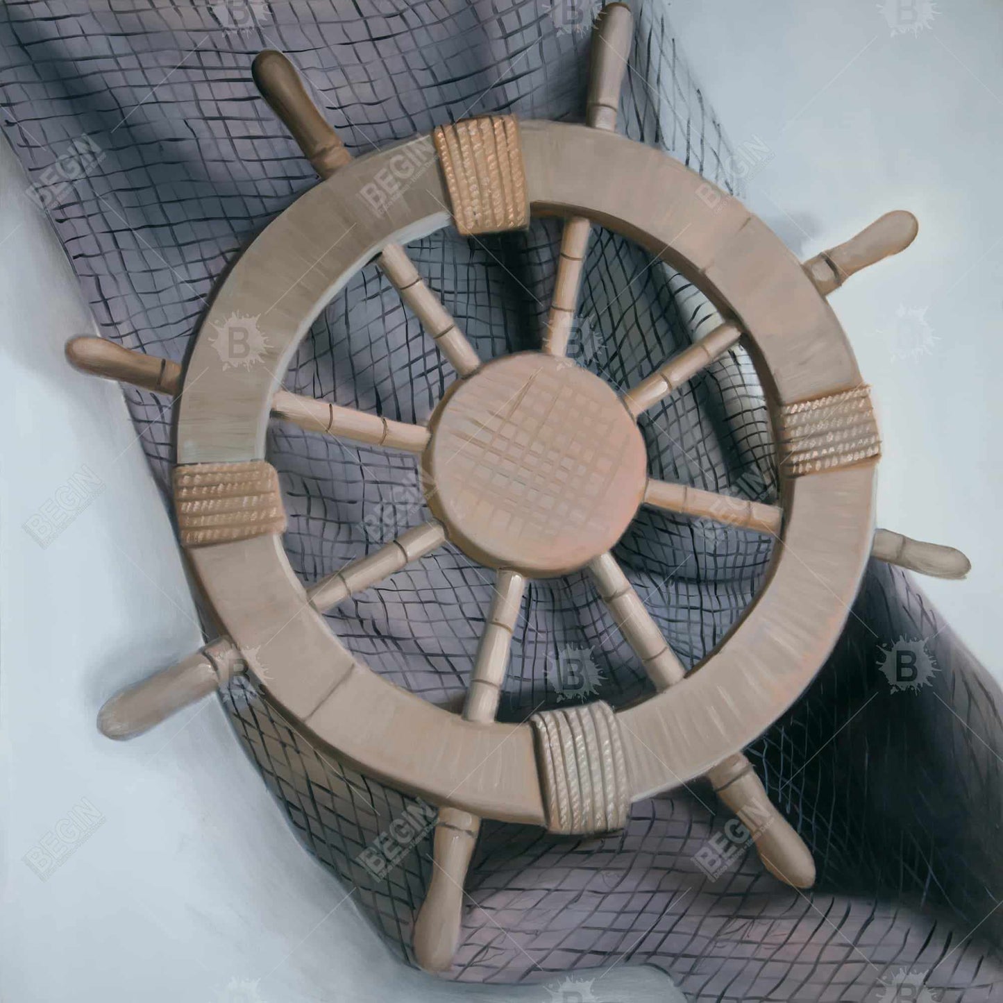 Toile « Gouvernail sur filet de pêche » | Cadre de bateau blanc, décoration d'intérieur