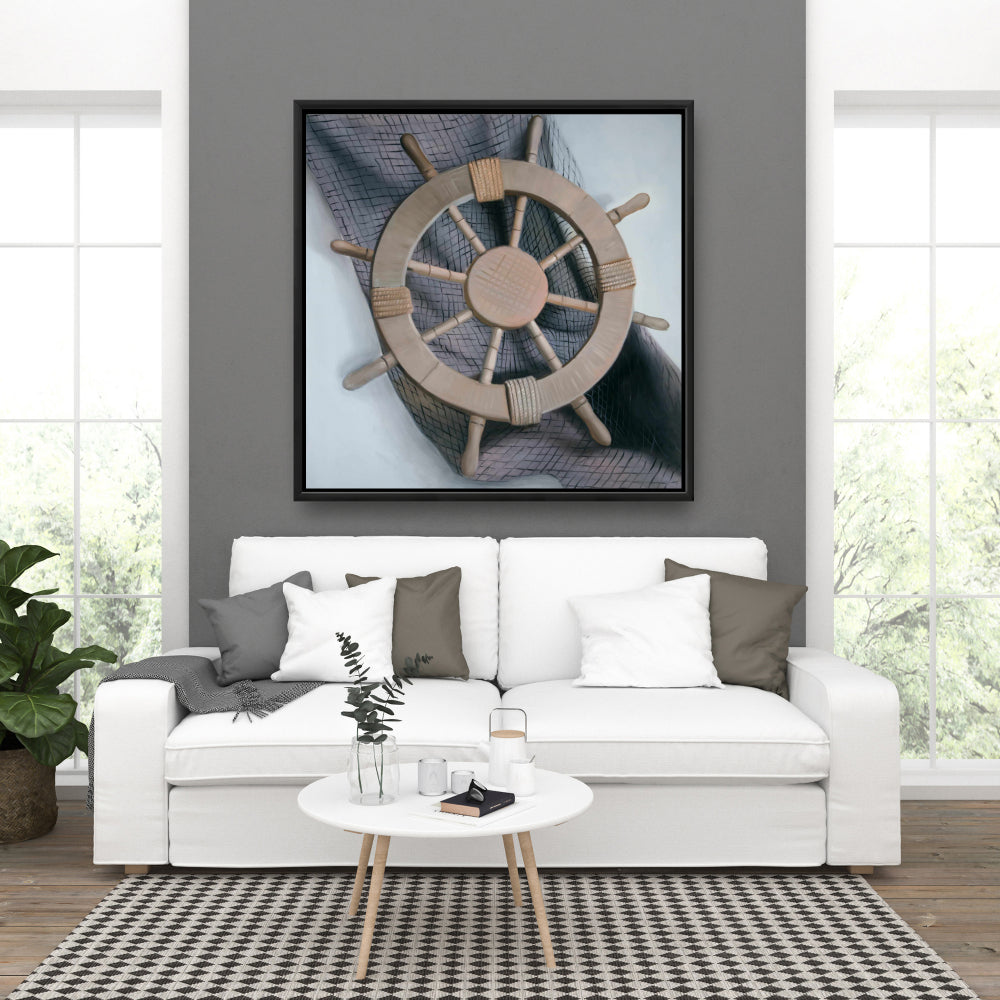 Toile « Gouvernail sur filet de pêche » | Cadre de bateau blanc, décoration d'intérieur