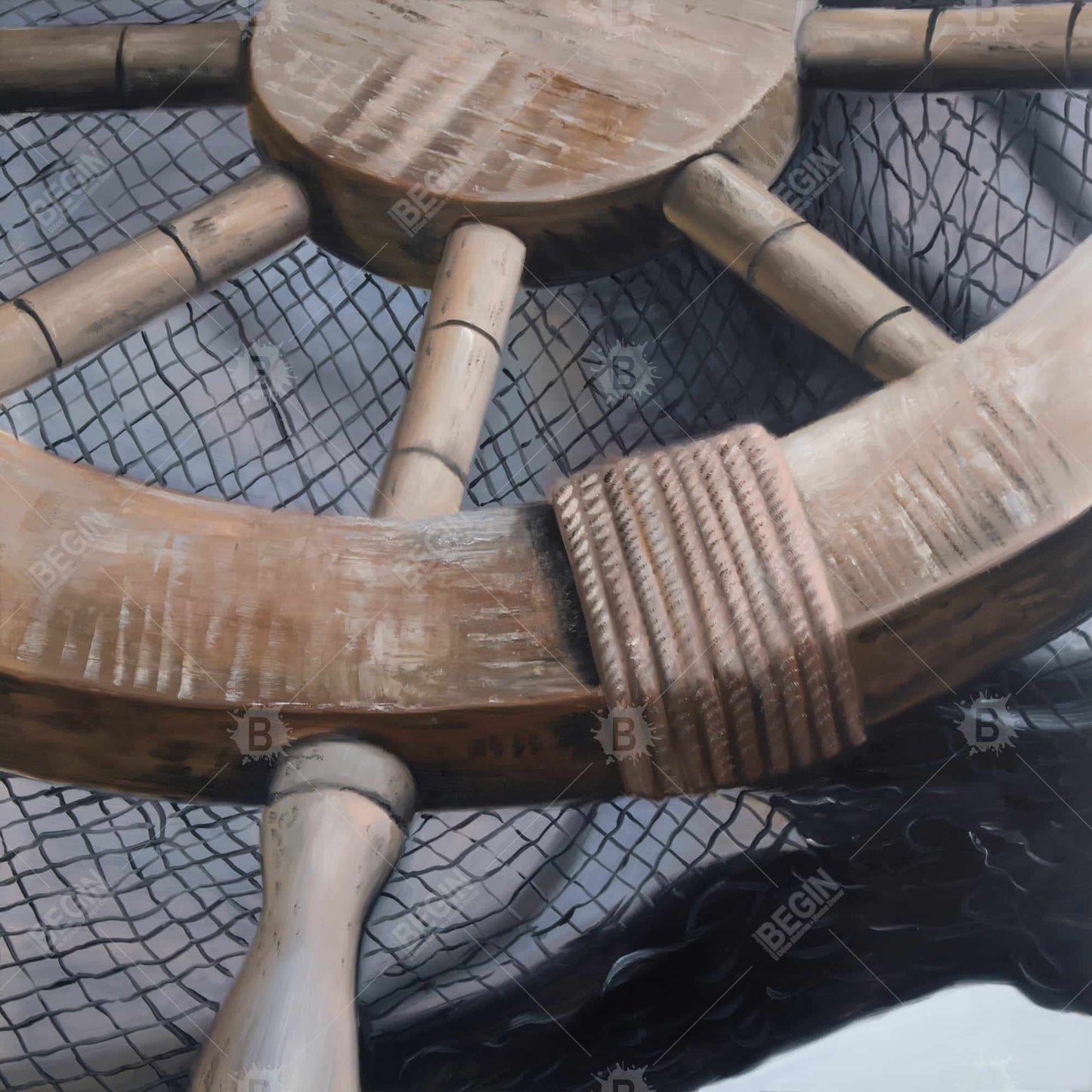 Helm on Fishing Net Canvas | Marine Bedroom Decor - Boat Art