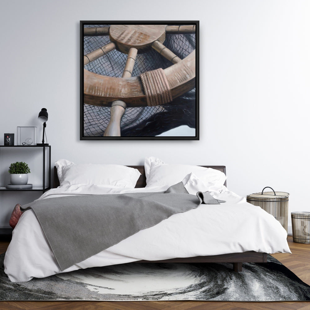 Toile « Gouvernail sur filet de pêche » | Décoration marine pour la maison, bateau marron