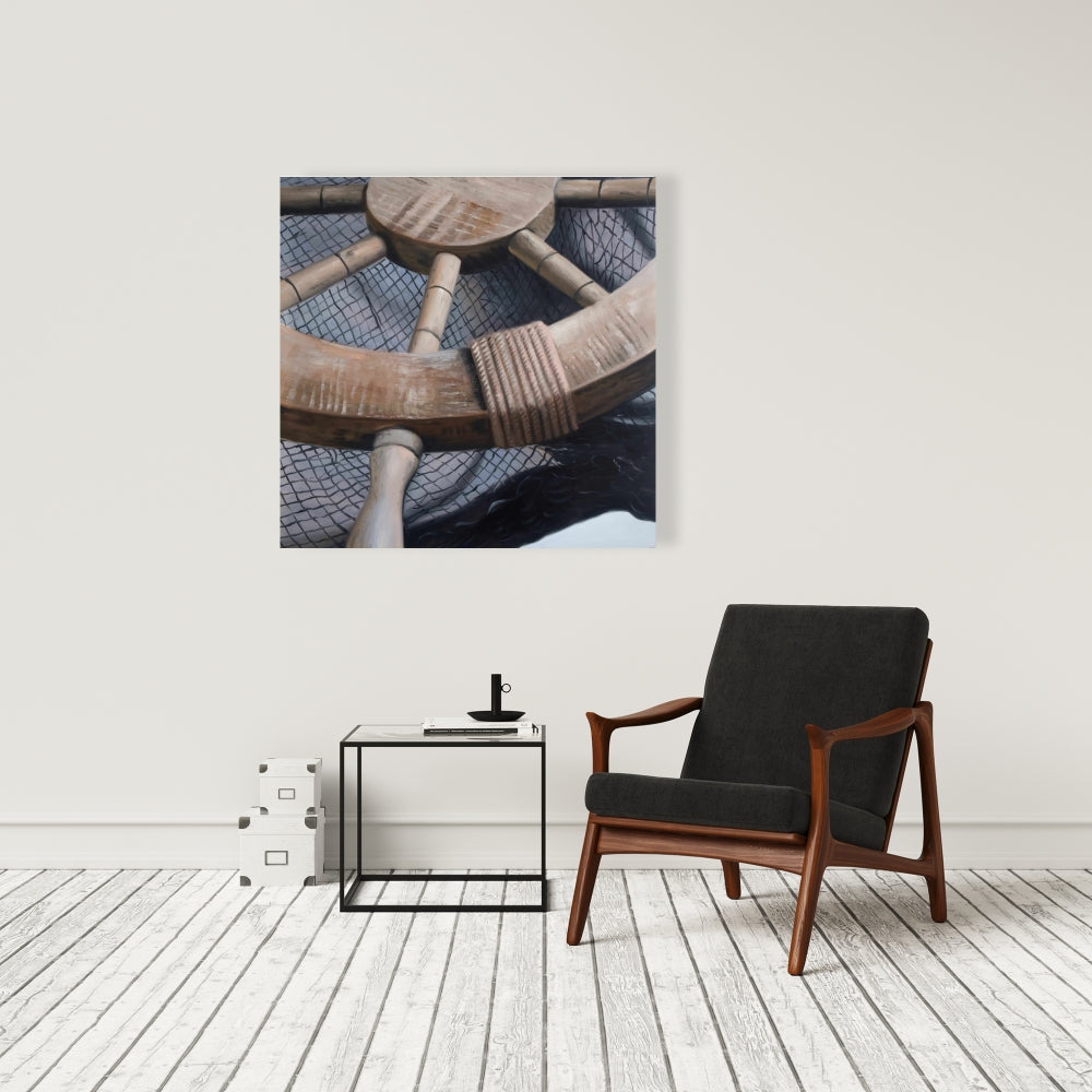 Helm on Fishing Net Canvas | Marine Bedroom Decor - Boat Art