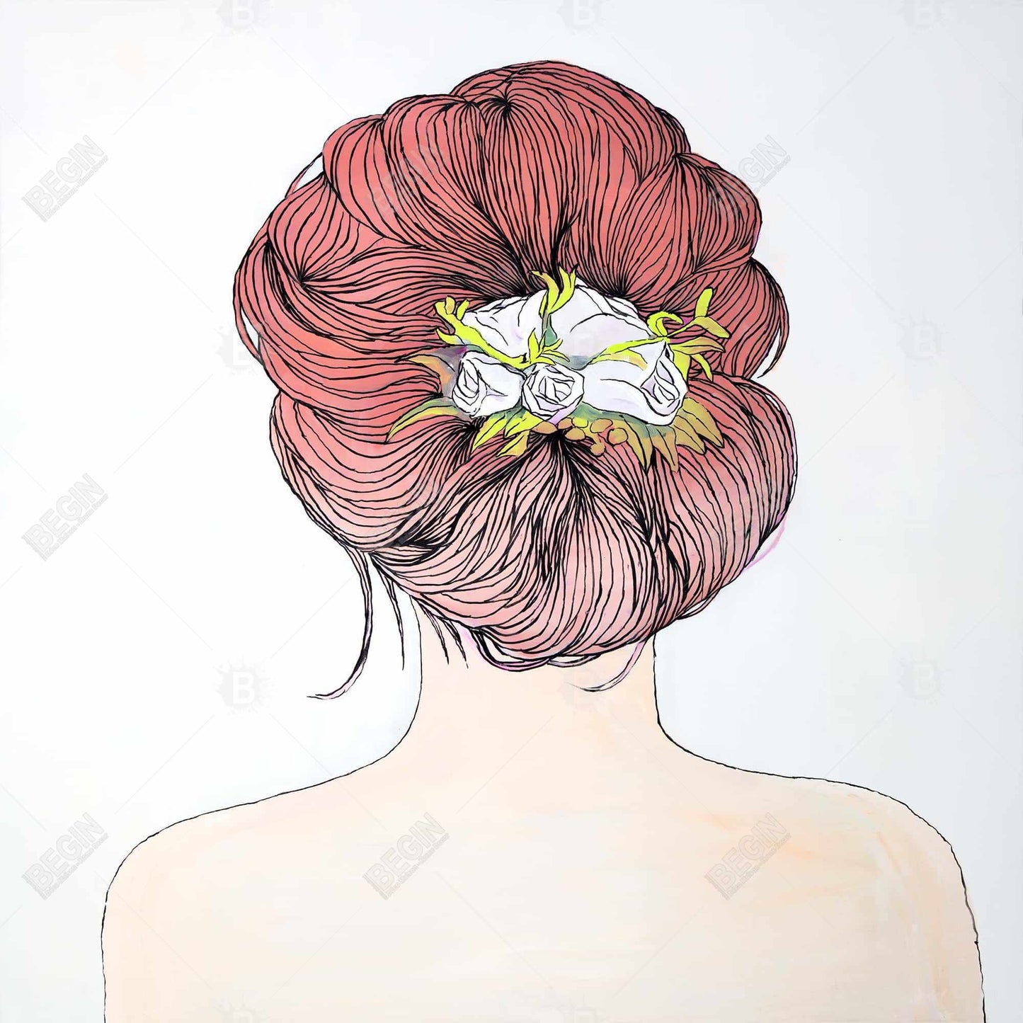 Dame aux fleurs dans les cheveux | Toile décorative encadrée blanche