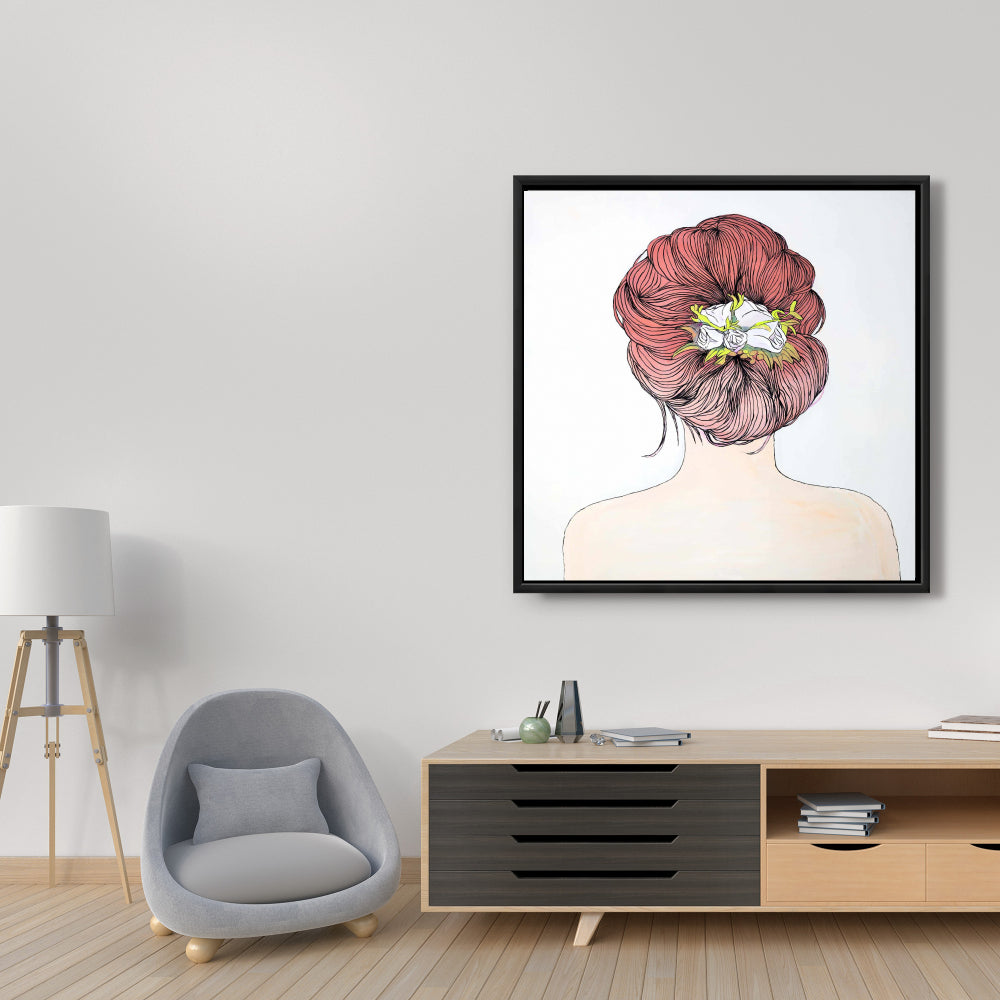 Dame aux fleurs dans les cheveux | Toile décorative encadrée blanche