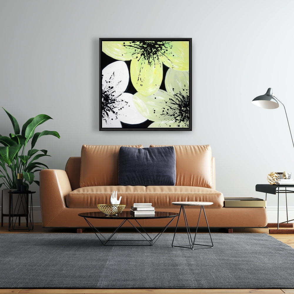 Pétales blancs et jaunes | Toile encadrée florale pour décoration intérieure