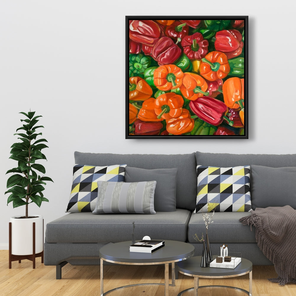 Toile encadrée rouge « Gastronomie rustique » – Décor « Lot of Peppers »