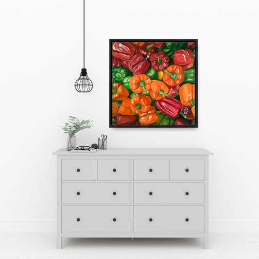 Toile encadrée rouge « Gastronomie rustique » – Décor « Lot of Peppers »