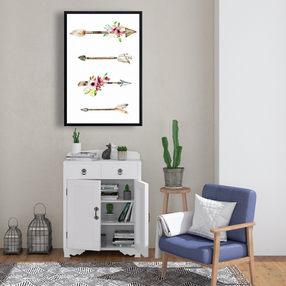 Toile encadrée « Pointes de flèches et fleurs » | Décoration florale pour chambre