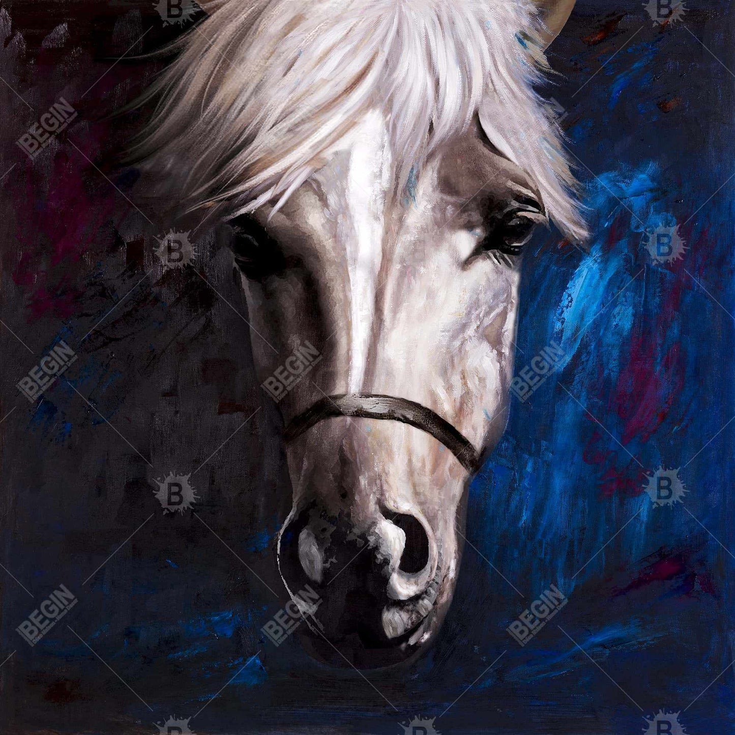 White Horse on Blue Canvas | Contemporary Animal Home Decor