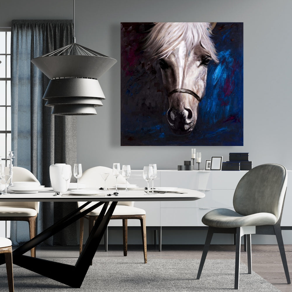 White Horse Canvas | Blue Farm Animal Wall Art for Home Decor