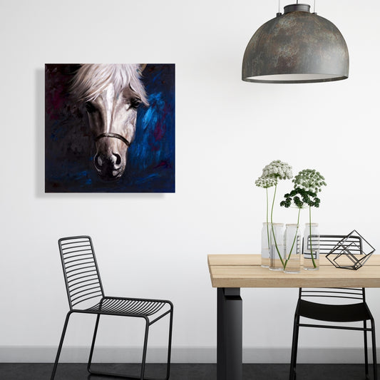 White Horse Canvas | Blue Farm Animal Wall Art for Home Decor