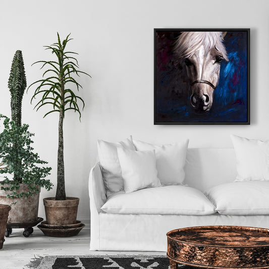 White Horse on Blue Canvas | Contemporary Animal Home Decor