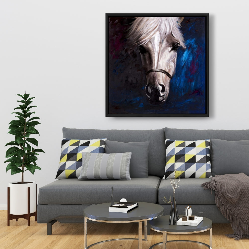 White Horse on Blue Canvas | Contemporary Animal Home Decor