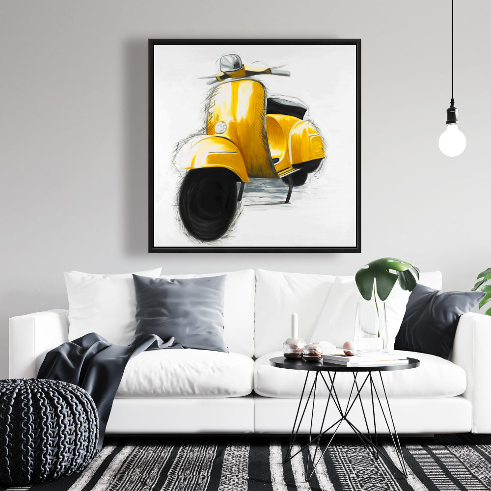 Toile jaune représentant un scooter italien | Décoration de chambre à coucher avec moto