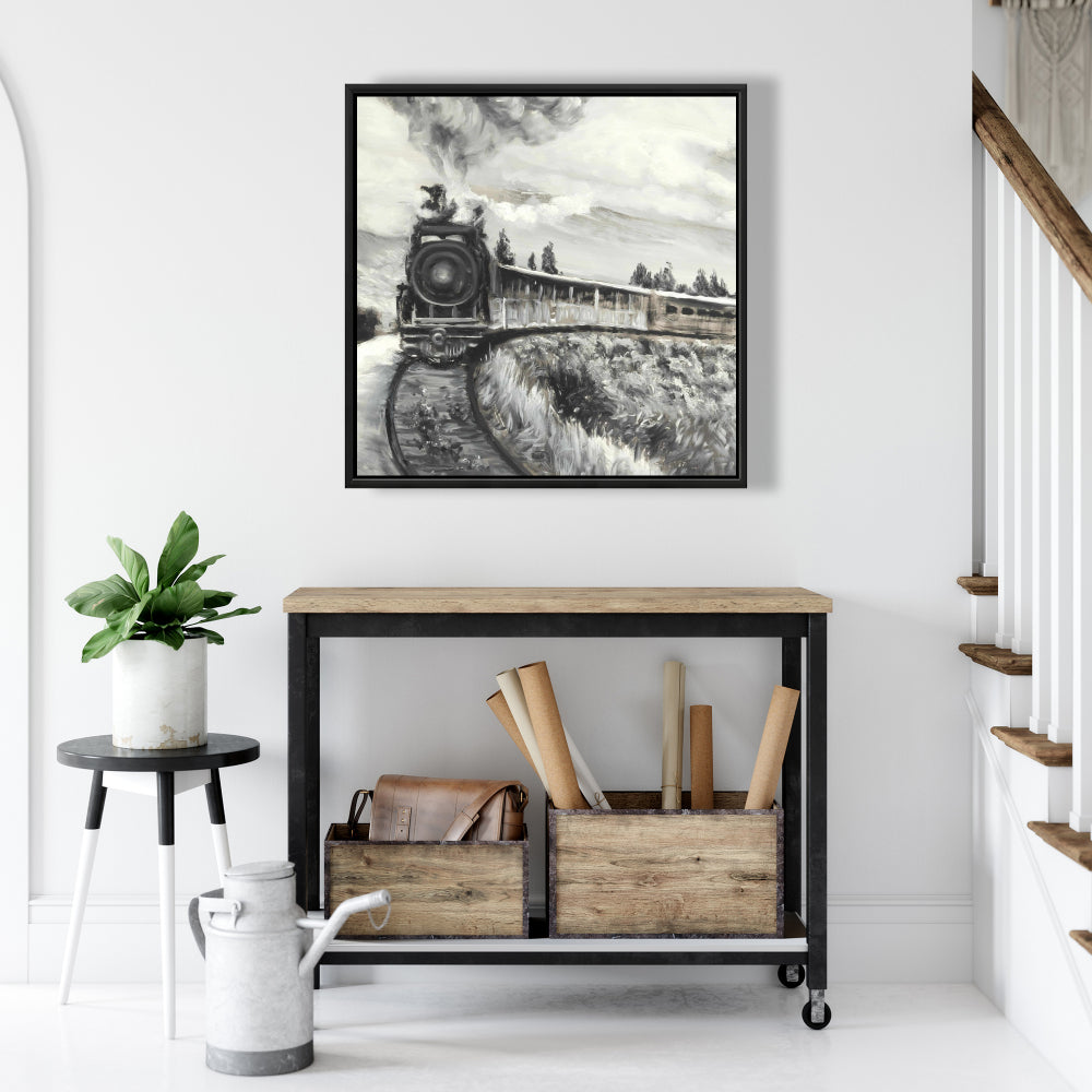Gray Landscapes Framed Canvas | Steam Engine Train Art Decor